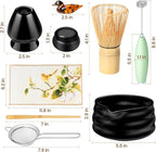 Matcha Whisk Set and Bowl, Matcha Making Kit Whisk, Bowl With Spout, Sifter, Ceramic Whisk Holder, Spoon Japanese Tea Powder Starter Tools For Ceremony Gift (Black, 9 Pack)
