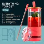 Pandaloo® Glass Cups With Lids and Straws -20 Fl Oz- Perfect Size Iced Coffee Cup - Smoothie Cup With Bamboo Lid and On the go Lid - Glass Tumbler With Straw (1 Count (Pack of 1), Coral)