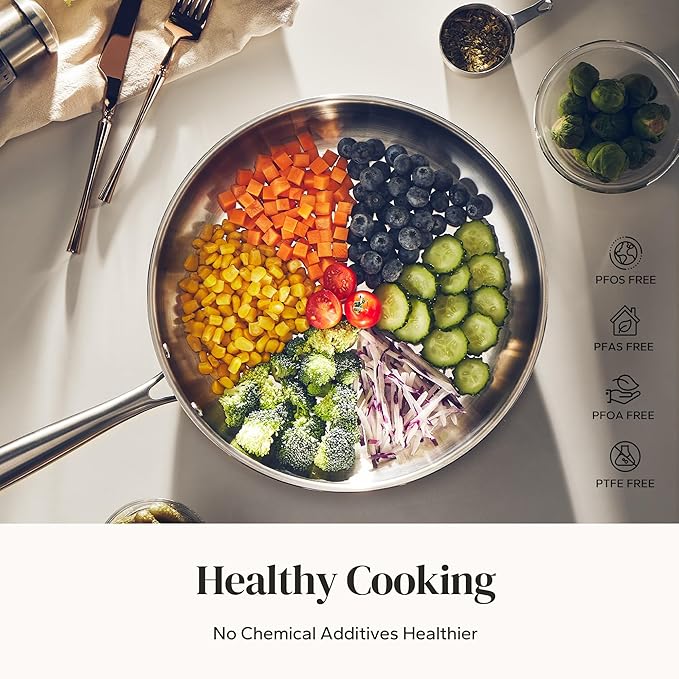 Redchef Stainless Steel Skillet, Stainless Steel Frying Pan, Professional Uncoated Frying Pan, Healthy Induction Cookware for Searing & Sautéing, Warp-Resistant Bonded Bottom, Oven Safe Pan, 9.5 Inch