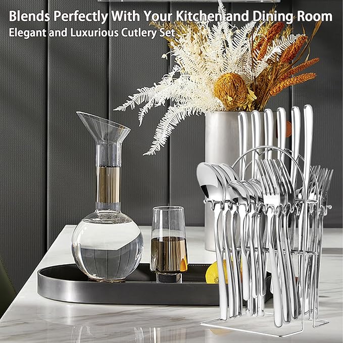 24 Pieces Flatware Set, Stainless Steel Cutlery Set with Silverware Holder, Spoons Forks Knives Set,Hanging Silverware Set Service for 6,Dishwasher Safe (Silver)