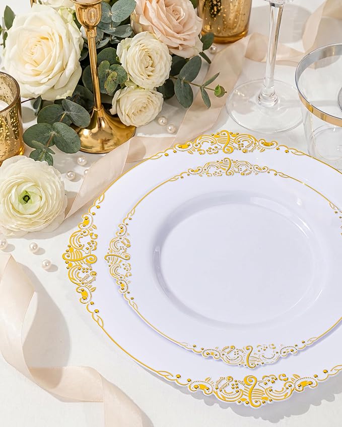 Morejoy 175PCS White and Gold Plastic Plates - Gold Plastic Dinnerware Set Include 25Dinner Plates, 25Dessert Plates 75Cutlery, 25Cups, 25Napkin Perfect for Party & Wedding