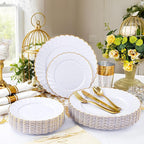 YOUBET 350PCS Gold Scalloped Plastic Plates - White and Gold Disposable Dinnerware Set Include 100 Plates, 150 Gold Silverware, 50 Cups, 50 Napkins for Wedding Party