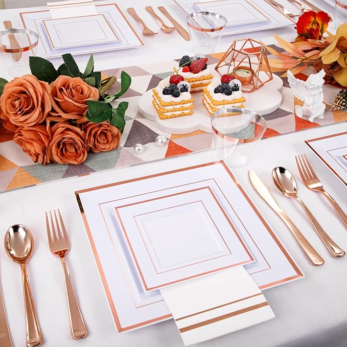 Festiva 350Pcs Rose Gold Plates and Napkins Party Supplies-Square White and Rose Gold Disposable Dinnerware include Plates Cups Cutlery Napkins for 50 Guests Wedding &Mother's Day&Birthday Party