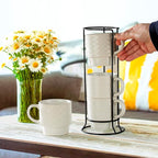 Signature Housewares Stackable Coffee Mug Tower Set with Metal Wire Rack - 15 Ounce Coffee Mugs for Coffee, Tea, Cocoa, Milk, Cappuccino, Hot Chocolate Set of 4 - White Glazed Ceramic