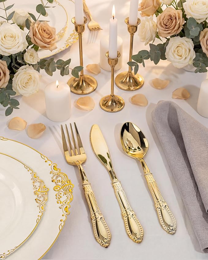 Morejoy 175 PCS Lvory Plastic Plates - Lvory Gold Plastic Dinnerware Set Include 25Dinner Plates, 25Dessert Plates 50Cutlery, 25Cups, 50Napkin Perfect for Party & Wedding