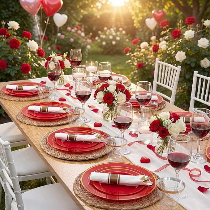 WDF Partyware 175 Pieces Red Plastic Plates with Gold Rim Include Dinner Plate 10" Dessert Plate 7" gold Cups 9 OZ, Pre Rolled Napkins 25 of each type for Wedding/Spring/Birthday/Mother's Day
