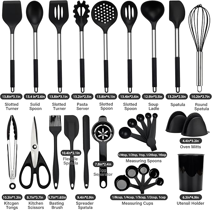 Silicone Cooking Utensils Set, 28 Pcs Kitchen Utensils Set 446°F Heat Resistant Spatula Set, Food Grade Silicone and Stainless Steel Handle Kitchen Gadgets for Nonstick Cookware BPA Free