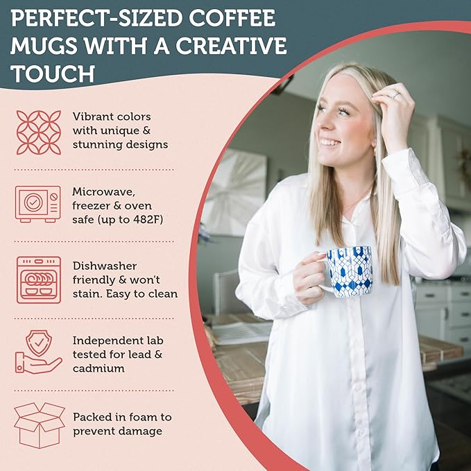 Annovero Small Coffee Cups - 11.7 Oz Capacity - Porcelain Kitchen Mugs for Tea, Latte, Cappuccino, or Hot Cocoa - Set of 6