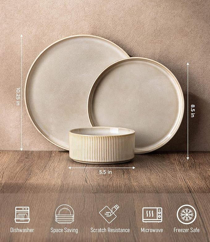 GBHOME 12-Piece Stoneware Dinnerware Set for 4 – Ribbed Ceramic Plates and Bowls, Scratch-Resistant, Microwave & Dishwasher Safe, Reactive Glaze, Cappuccino