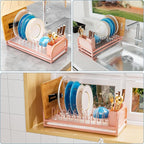 Pink Dish Rack - Small Dish Drying Rack for Limitied Kitchen Counter, Narrow Stainless Steel Dish Drainer w Tray, Cutlery Holder, Cute Kitchen Appliances Organizer for A Lovely You