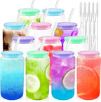 Joyclub 12pcs Glass Cups with Acrylic Lids and Straws 16 oz Can Shaped Glass Iced Coffee Cups with Lids and Straws, Cute Tumbler Cup Drinking Glasses for Smoothie Whiskey Boba Soda Tea Gift