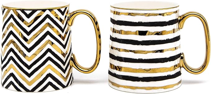KooK Coffee Mugs, Coffee Mug Set, Black and Gold Cups, Porcelain, Tea Cups with Handles, Geometric Design with Metallic Gold Accents, 14.8 oz, Black and Gold, Set of 2