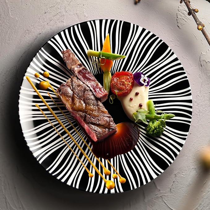 Black and White Striped Ceramic Plates Set of 6-10 Inch Zebra Pattern Dinner Plates Set, Minimalist Porcelain Dish Set, Microwave, Oven & Dishwasher Safe