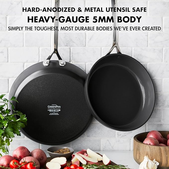 GreenPan 9.5” & 11” Ceramic Nonstick Frying Pan Skillet Set, PFAS-Free, Hard Anodized Cookware, Induction Compatible & All Cooktops, Dishwasher & Oven Safe, GP5 Stay-Flat Surface, Black
