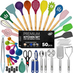 Kaluns 50 PCS Silicone Kitchen Utensils Set Complete Kitchen Set - 800°F Heat Resistant Non-Stick Premium Cooking Utensils W Wooden Handles - Can Opener, Masher, Turner, Silicone Spatula Set