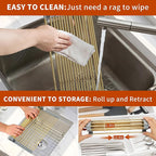 Golden Expandable Roll-UP Dish Drying Rack-Large 304 Stainless Steel Dish Drainer Over The Sink for Kitchen Countertop,Extendable & Rollable & Food Grade (Gold,22.08'x 13.2')
