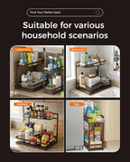 Sevenblue 3 Pack Under Sink Organizer, Multi-Purpose 2 Tier Pull-Out Metal Under Kitchen Sink Organizer, Height Adjustable Storage Shelves for Kitchen Bathroom Cabinet (Brown)