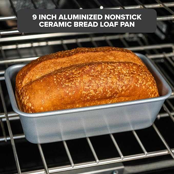 Viking Premium 9-Inch Nonstick Ceramic Bread Loaf Pan, Made without PFAS, Heavy Gauge Aluminized Steel Baking Pan for Bread and Cake, Reinforced Iron Frame, Even Heating, Oven Safe to 475F, Silver
