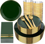 NOCCUR 350PCS Green Plastic Plates - Disposable Green Gold Dinnerware Set for 50 Guests, 100 Dinner/Dessert Plates, 150 Gold Silverware, 50 Cups&50 Napkins for Party ＆ Wedding ＆ Spring