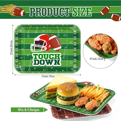 4 Pcs Melamine Serving Trays Platters Snack Trays Reusable Rectangle Platters for Sports Game Day Flower Tea Party Food Dessert Cookies Serving Plates Supplies, 13 x 9.7 Inch(Football)