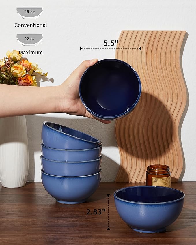 Pokini 5.5" Cereal Bowls & Dessert Bowls Set of 6-22 Oz Small Bowls for Kitchen-Ceramic Bowl for Cereal, Soup, Oatmeal, Salad, Ramen, Noodle, Rice, Yogurt-Dishwasher & Microwave Safe, Light Blue