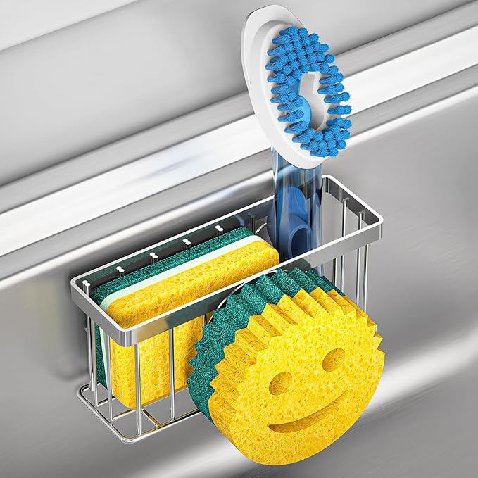 MURLONG Sponge Holder Smiley Face,Sink Caddy for kitchen Sink,Sponge Holder with 2 PCS Suction Cups/1 PCS Adhesive Strips,Designed for Sponge,Soap,Dish brush,Scrubber-Silver