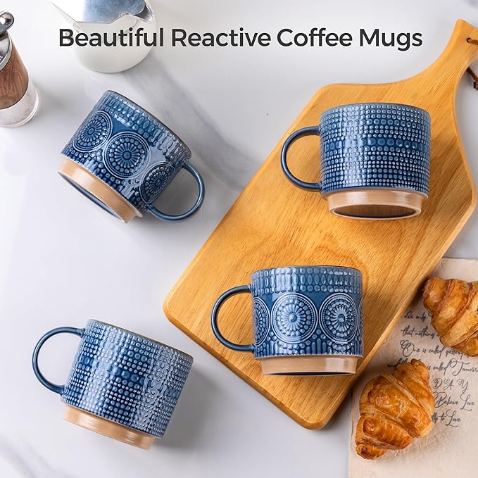 GBhome 16OZ Stackable Coffee Mugs, Ceramic Coffee Mugs with Texture Patterns for Man,Woman,Dad,Mom, Modern Coffee Mugs Set of 4 for Latte/Cappuccino/Cocoa. Dishwasher&Microwave Safe