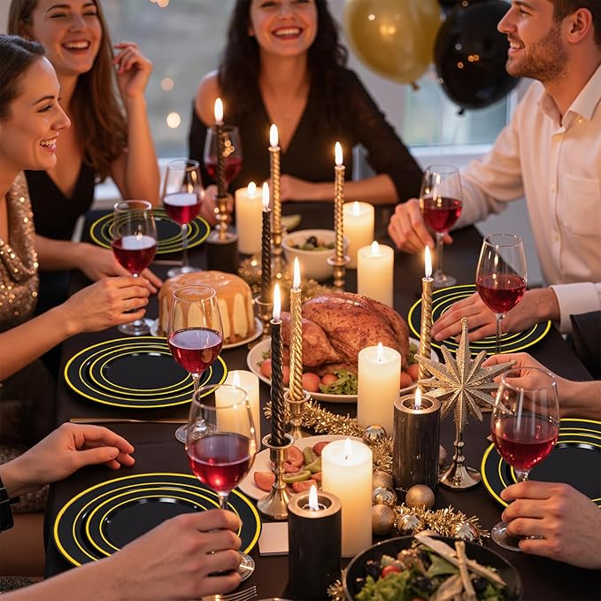 WDF Partyware 175PCS Black and Gold Plates - Black Disposable Plates for Party - 25Guests Disposable Dinnerware Set for Graduation Wedding Party Birthday