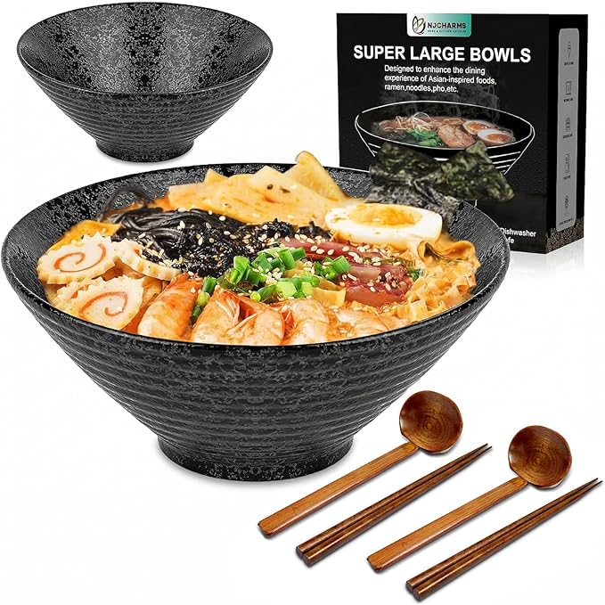 NJCHARMS Ceramic Ramen Bowl Set of 2, 60 oz Japanese Noodle Soup Bowls with Spoons and Chopsticks for Ramen Soup Pho Udon Asian Noodles, Large Noodle Bowls