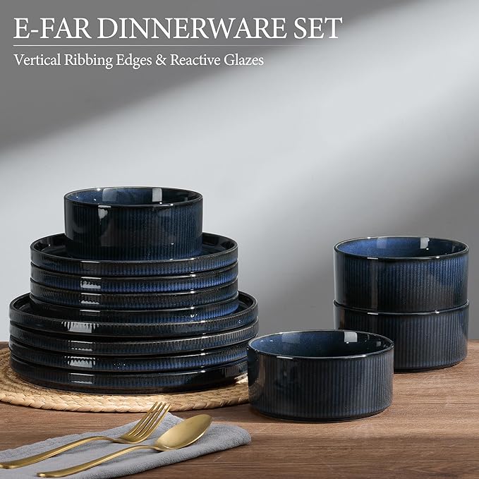 E-far Stoneware Dinnerware Sets for 2, 6-Piece Plates and Bowls Sets, Chip & Scratch Resistant Ribbed Dish Set for Home Restaurant, Microwave & Dishwasher Safe, Midnight Blue