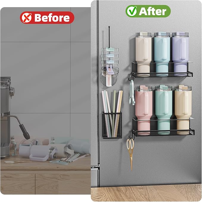 VITVITI 4 Pack Magnetic Cup Holder for Fridge, 40 OZ Metal Tumbler Holder for Stanley Cup, Magnetic Water Bottle Organizer with Lid Straw Holder Set Heavy Duty (Black)