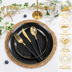 DaYammi 150Pcs Black Plastic Plates with Gold Silverware,Black Disposable Plates Set Included 30 Dinner Plate,30 Dessert plate,30 Knives,30 Forks,30 Spoons,black and gold plates for Party Wedding
