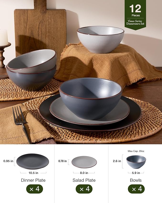 Famiware Venus Plates and Bowls Sets, 12 Pieces Stoneware Speckled Dishes Dinnerware Set for 4, Assorted Colors - Microwave & Dishwasher Safe, Modern Minimalist, for Everyday Meals & Formal Dining