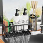 MASADI Kitchen Dish Soap Dispenser Set with Sponge Holder, 12OZ Glass Bottle, Hand and Dish Soap Dispenser Set, Non-Slip Silicone Pad, Brush Holder, Kitchen Sink Organizer Countertop (Black+White)