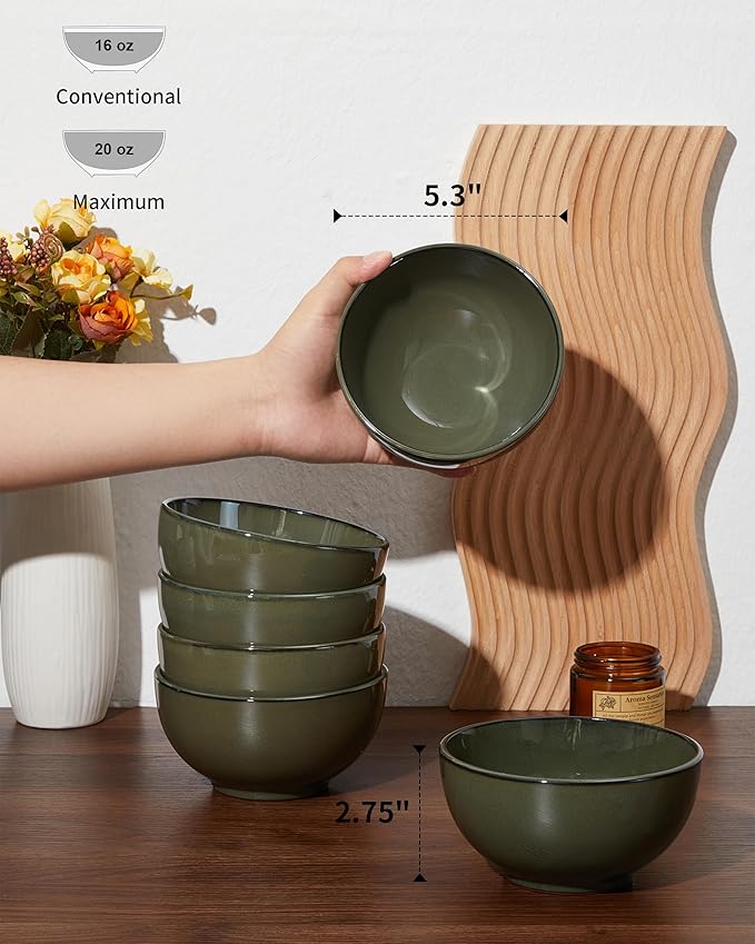 Pokini 5.3" Cereal Bowls & Dessert Bowls Set of 6-20 Oz Small Bowls for Kitchen-Ceramic Bowl for Cereal, Soup, Oatmeal, Salad, Ramen, Noodle, Rice, Yogurt-Dishwasher & Microwave Safe, Blackish Green