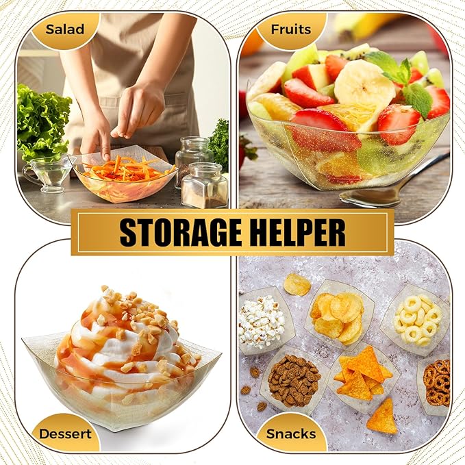 Tanlade 50 Pcs Gold Glitter Square Plastic Serving Bowls Disposable Snack Salad Bowl Small Party Candy Bar Containers Taco Bar Serving Dishes for Buffet Chips Fruit(16 oz)