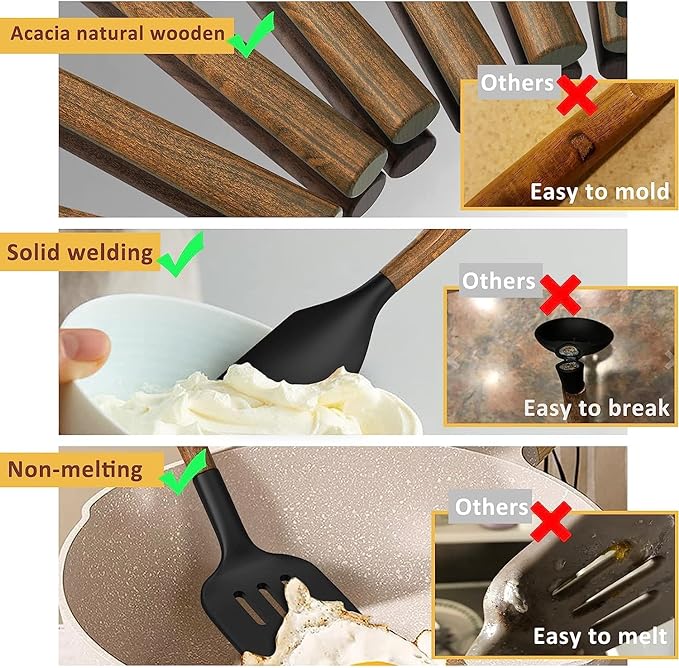 Silicone Cooking Utensil Set, Umite Chef 8-Piece Kitchen Utensils Set with Natural Acacia Wooden Handles,Food-Grade-Silicone Kitchen Gadgets Spatulas Set for Nonstick Cookware- Black