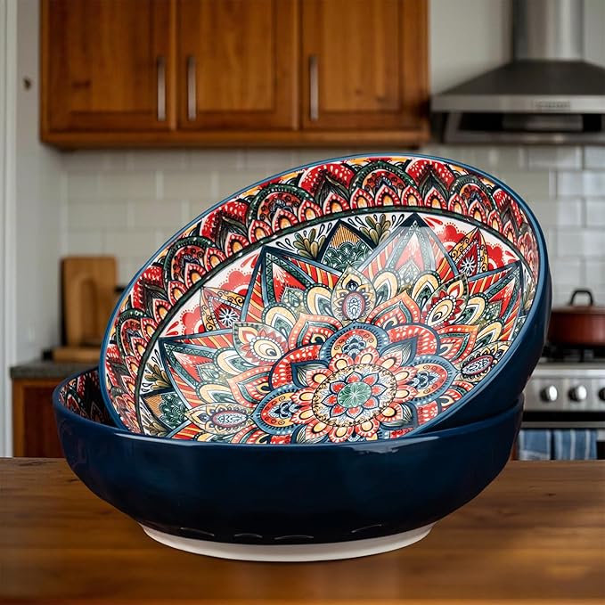 4 Pack Large Serving Bowls, 80 Oz Extra Large Salad Bowls Set of 4, Bohemian Decorative Bowls for Salad, Fruit, Pasta and Dinner, Serving Dishes Set for Party, Dishwasher & Microwave Safe, Mix-color