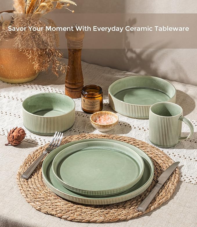 GBHOME 24-Piece Stoneware Dinnerware Set for 8 – Ribbed Ceramic Plates and Bowls, Scratch-Resistant, Microwave & Dishwasher Safe, Reactive Glaze, Light Green