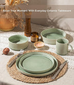 GBHOME 24-Piece Stoneware Dinnerware Set for 8 – Ribbed Ceramic Plates and Bowls, Scratch-Resistant, Microwave & Dishwasher Safe, Reactive Glaze, Light Green