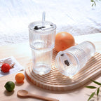 4PCS 20oz Glass Cups with Lids and Straws, Iced Coffee Cups with Lids, Stylish Ribbed Thick Drinking Glasses Tumbler for Juice, Smoothies, Cold Beverages, Cute Cup Gifts with Clean Brush