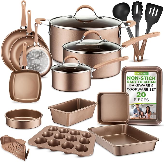 NutriChef 20-Piece Pots and Pans Set Non Stick – Induction Cookware Set, PFAS-Free Nonstick Cookware for All Cooktops, Includes Bakeware & Kitchen Utensils