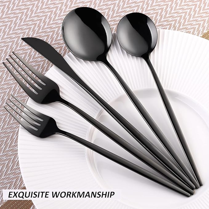 30-Pieces Utensil Set Flatware Set, Black Silverware Set for 6,Tableware Fine Dining Include Knives Forks and Spoons,Circular Fine Handle Cutlery Decorate Wedding Mirror Polished,Dishwasher