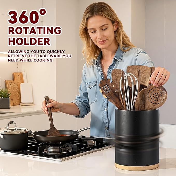 11 Pcs Wooden Kitchen Utensils Set with 360° Rotating Holder 7.3" x 5.9" Acacia Wood Cooking Utensils with Holder Cooking Spoons Spatulas for Nonstick Cookware Countertop Kitchen(Black)