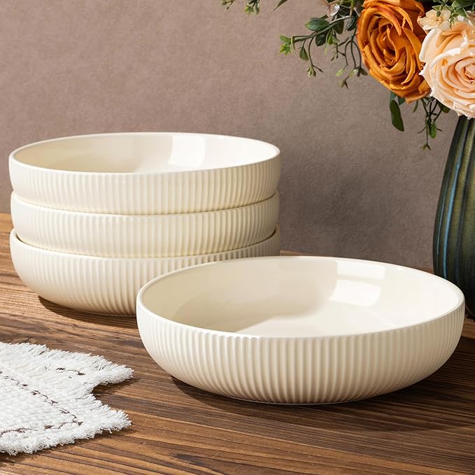 theterra 8.5'' Ceramic Pasta Bowls, Salad Bowls Set of 4, Stoneware Serving Bowls for Fruits, Noodle, Dinner, House-warming Wedding Present, Beige