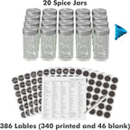 New England Stories Revolving Spice Rack Set with 20 Spice Jars, Kitchen Spice Tower Organizer for Countertop or Cabinet - Carousel Storage Includes 386 Spice Labels (Silver)