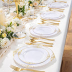 Hioasis 300pcs White and Gold Plastic Plates - Disposable Dinnerware Set Suitable for 50 Guests Include 10.25" Dinner & 7.5" Dessert Plates,Silverware Set, Cups for Wedding(NO Napkins Included)