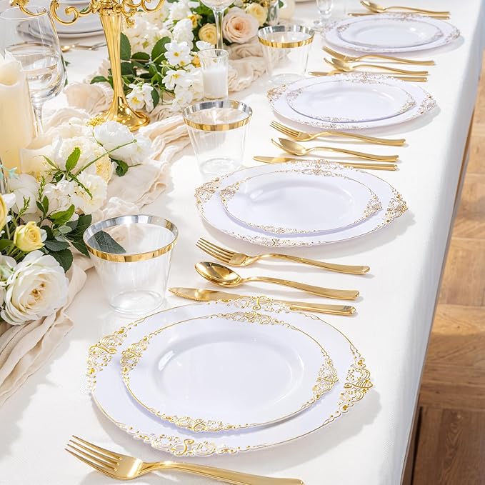 Hioasis 300pcs White and Gold Plastic Plates - Disposable Dinnerware Set Suitable for 50 Guests Include 10.25" Dinner & 7.5" Dessert Plates,Silverware Set, Cups for Wedding(NO Napkins Included)
