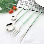 JASHII Flatware Serving Set 24 Piece, Stainless Steel Silverware Set, Mint Green Silver Cutlery Set, Modern Elegant Tableware Set for Party, Christmas, Dinner (Mint Green Silver)