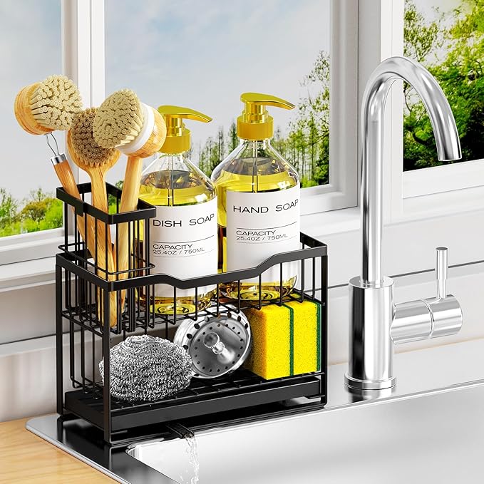 2-Tier Rustproof Kitchen Sink Caddy with Self-Draining Tray, Dish Brush & Sponge Holder, Non-Slip Base - Black